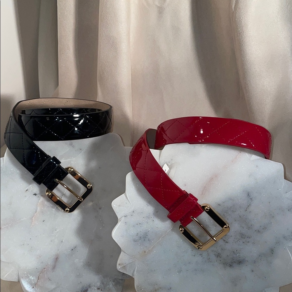 Gold buckle Black and Red patten leather Quilted Belts